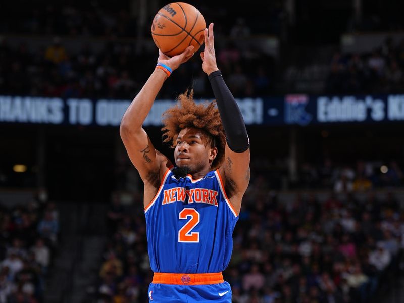 DENVER, CO - NOVEMBER 25: Miles McBride #2 of the New York Knicks shoots the ball during the game against the Denver Nuggets on November 25, 2024 at Ball Arena in Denver, Colorado. NOTE TO USER: User expressly acknowledges and agrees that, by downloading and/or using this Photograph, user is consenting to the terms and conditions of the Getty Images License Agreement. Mandatory Copyright Notice: Copyright 2024 NBAE (Photo by Garrett Ellwood/NBAE via Getty Images)