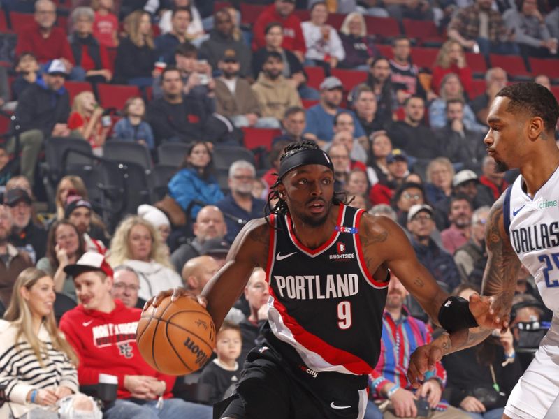 PORTLAND, OR - DECEMBER 1: Jerami Grant #9 of the Portland Trail Blazers drives to the basket during the game against the Dallas Mavericks on December 1, 2024 at the Moda Center Arena in Portland, Oregon. NOTE TO USER: User expressly acknowledges and agrees that, by downloading and or using this photograph, user is consenting to the terms and conditions of the Getty Images License Agreement. Mandatory Copyright Notice: Copyright 2024 NBAE (Photo by Cameron Browne/NBAE via Getty Images)