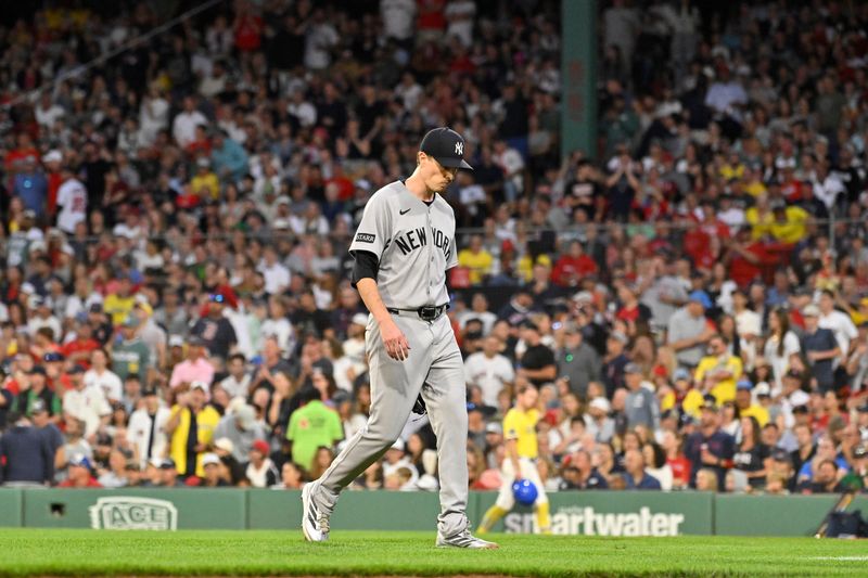 Sep 13, 2025; Boston, Massachusetts, USA; New York Yankees starting pitcher Max Fried (54) is relived of pitching duties during sixth inning against the Boston Red Sox at Fenway Park. Mandatory Credit: Eric Canha-Imagn Images