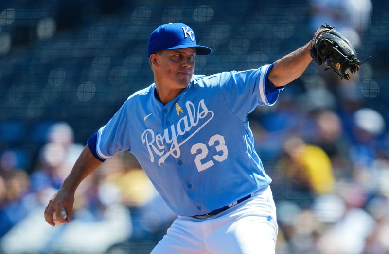 Sep 3, 2023; Kansas City, Missouri, USA; Kansas City Royals relief pitcher Zack Greinke (23) pitches during the second inning against the Boston Red Sox at Kauffman Stadium. Mandatory Credit: Jay Biggerstaff-USA TODAY Sports