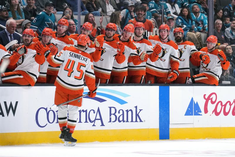 Oct 11, 2025; San Jose, California, USA; Anaheim Ducks right wing Beckett Sennecke (45) celebrates with teammates after scoring a goal against the San Jose Sharks during the first period at SAP Center at San Jose. Mandatory Credit: Darren Yamashita-Imagn Images