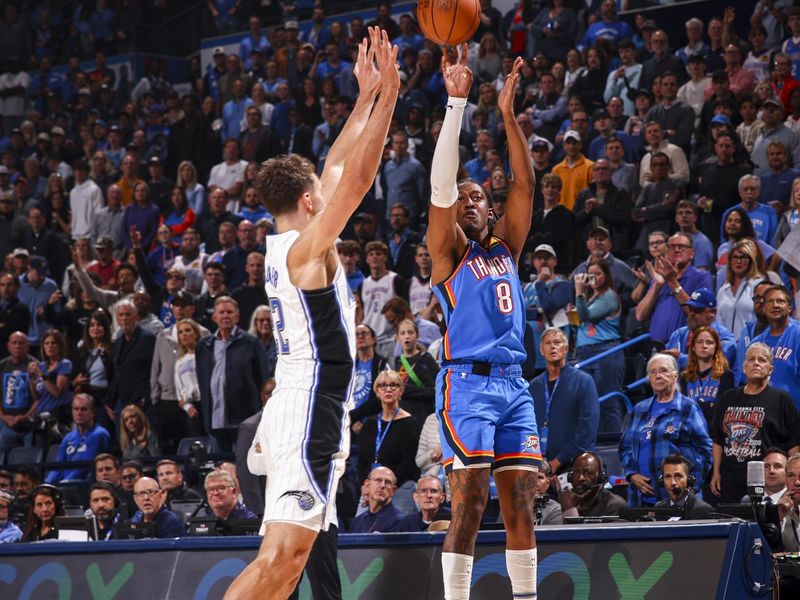 OKLAHOMA CITY, OK - NOVEMBER 4:  Jalen Williams #8 of the Oklahoma City Thunder shoots a three point basket during the game against the Orlando Magic on November 4, 2024 at Paycom Center in Oklahoma City, Oklahoma. NOTE TO USER: User expressly acknowledges and agrees that, by downloading and or using this photograph, User is consenting to the terms and conditions of the Getty Images License Agreement. Mandatory Copyright Notice: Copyright 2024 NBAE (Photo by Zach Beeker/NBAE via Getty Images)