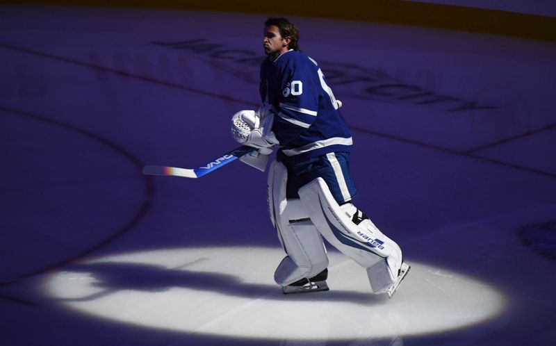 Oct 31, 2024; Toronto, Ontario, CAN;  Toronto Maple Leafs goalie Joseph Woll (60) skates out on the ice during player introductions before playing the Seattle Kraken at Scotiabank Arena. Mandatory Credit: Dan Hamilton-Imagn Images