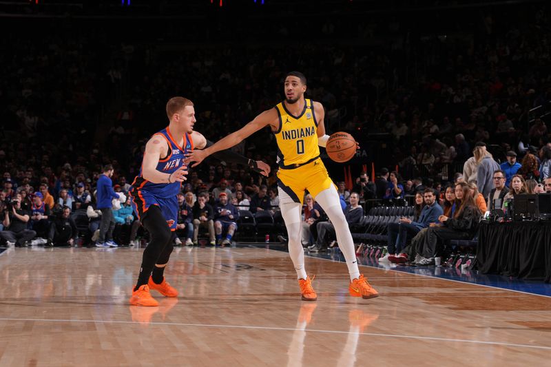 NEW YORK, NY - FEBRUARY 10: Tyrese Haliburton #0 of the Indiana Pacers handles the ball during the game against the New York Knicks on February 10, 2024 at Madison Square Garden in New York City, New York.  NOTE TO USER: User expressly acknowledges and agrees that, by downloading and or using this photograph, User is consenting to the terms and conditions of the Getty Images License Agreement. Mandatory Copyright Notice: Copyright 2024 NBAE  (Photo by Jesse D. Garrabrant/NBAE via Getty Images)