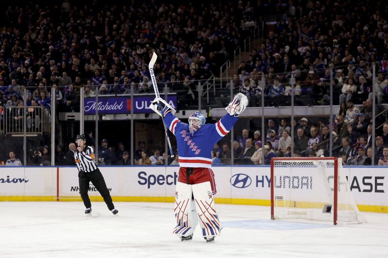 Dec 15, 2025; New York, New York, USA; New York Rangers goaltender Igor Shesterkin (31) reacts after the Anaheim Ducks receive a penalty for having too many men on the ice during the second period at Madison Square Garden. Mandatory Credit: Brad Penner-Imagn Images