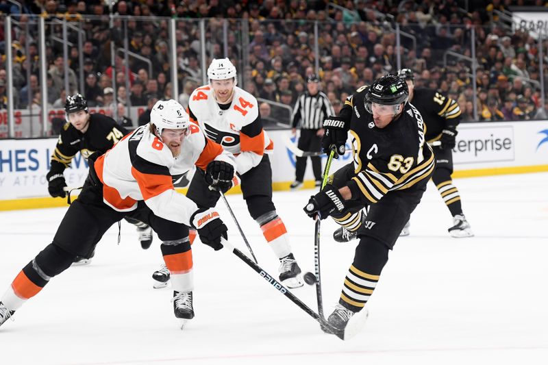 Mar 16, 2024; Boston, Massachusetts, USA; Boston Bruins left wing Brad Marchand (63) shoots the puck while Philadelphia Flyers defenseman Travis Sanheim (6) defends during the first period at TD Garden. Mandatory Credit: Bob DeChiara-USA TODAY Sports