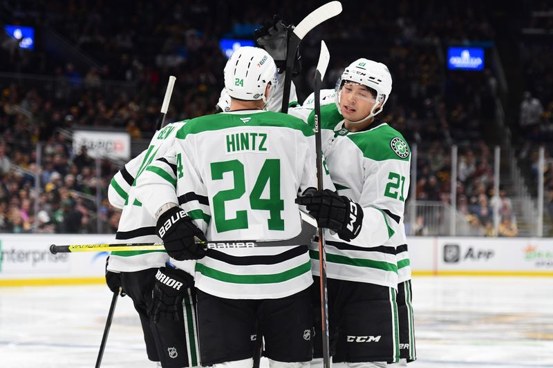 Oct 24, 2024; Boston, Massachusetts, USA;  Dallas Stars left wing Jason Robertson (21) is congratulated by his teammates after scoring a goal during the second period against the Boston Bruins at TD Garden. Mandatory Credit: Bob DeChiara-Imagn Images