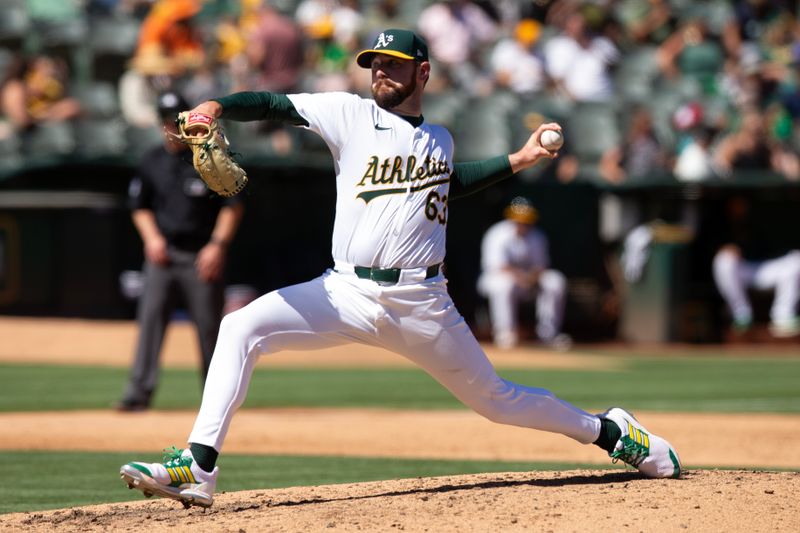 Sep 8, 2024; Oakland, California, USA; Oakland Athletics pitcher Hogan Harris (63) delivers a pitch against the Detroit Tigers during the sixth inning at Oakland-Alameda County Coliseum. Mandatory Credit: D. Ross Cameron-Imagn Images