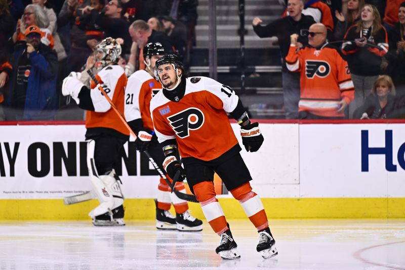 Jan 6, 2024; Philadelphia, Pennsylvania, USA; Philadelphia Flyers right wing Travis Konecny (11) reacts after scoring a goal against the Calgary Flames in the third period at Wells Fargo Center. Mandatory Credit: Kyle Ross-USA TODAY Sports