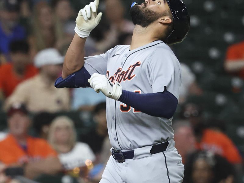 Apr 28, 2025; Houston, Texas, USA; Detroit Tigers right fielder Riley Greene (31) looks up after hitting a home run during the fourth inning against the Houston Astros at Daikin Park. Mandatory Credit: Troy Taormina-Imagn Images