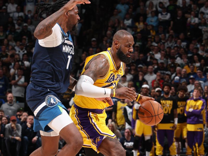 MINNEAPOLIS, MN -  APRIL 25:    LeBron James #23 of the Los Angeles Lakers dribbles the ball during the game against the Minnesota Timberwolves  during Round 1 Game 3 of the 2025 NBA Playoffs  on April 25, 2025 at Target Center in Minneapolis, Minnesota. NOTE TO USER: User expressly acknowledges and agrees that, by downloading and or using this Photograph, user is consenting to the terms and conditions of the Getty Images License Agreement. Mandatory Copyright Notice: Copyright 2025 NBAE (Photo by David Sherman/NBAE via Getty Images)
