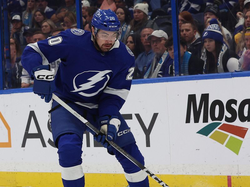 wDec 6, 2023; Tampa, Florida, USA; Tampa Bay Lightning left wing Nicholas Paul (20) skates with the puck against the Pittsburgh Penguins during the third period at Amalie Arena. Mandatory Credit: Kim Klement Neitzel-USA TODAY Sports