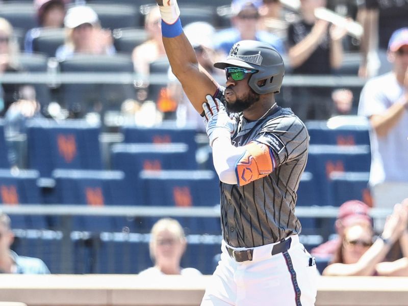 May 25, 2024; New York City, New York, USA;  New York Mets right fielder Starling Marte (6) celebrates after hitting a solo home run in the second inning against the San Francisco Giants at Citi Field. Mandatory Credit: Wendell Cruz-USA TODAY Sports