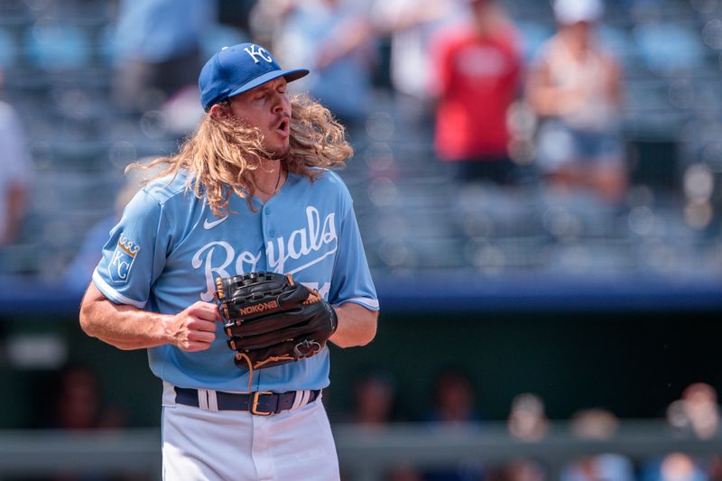 Jun 4, 2023; Kansas City, Missouri, USA; Kansas City Royals relief pitcher Scott Barlow (58) reacts after winning the game against the Colorado Rockies at Kauffman Stadium. Mandatory Credit: William Purnell-USA TODAY Sports