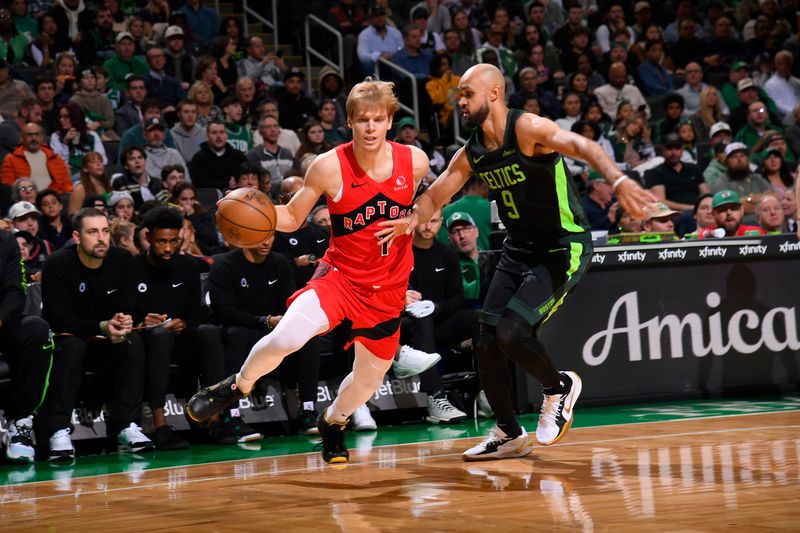 BOSTON, MA - NOVEMBER 16: Gradey Dick #1 of the Toronto Raptors dribbles the ball during the game against the Boston Celtics on November 16, 2024 at TD Garden in Boston, Massachusetts. NOTE TO USER: User expressly acknowledges and agrees that, by downloading and/or using this Photograph, user is consenting to the terms and conditions of the Getty Images License Agreement. Mandatory Copyright Notice: Copyright 2024 NBAE (Photo by Brian Babineau/NBAE via Getty Images)