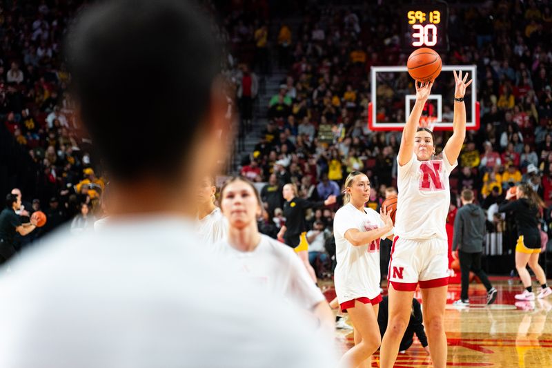 Feb 11, 2024; Lincoln, Nebraska, USA; Nebraska Cornhuskers forward Annika Stewart (21) warms up before the game against the Iowa Hawkeyes at Pinnacle Bank Arena. Mandatory Credit: Dylan Widger-USA TODAY Sports