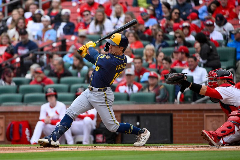 Apr 27, 2025; St. Louis, Missouri, USA;  Milwaukee Brewers right fielder Sal Frelick (10) hits a one run single against the St. Louis Cardinals during the first inning at Busch Stadium. Mandatory Credit: Jeff Curry-Imagn Images