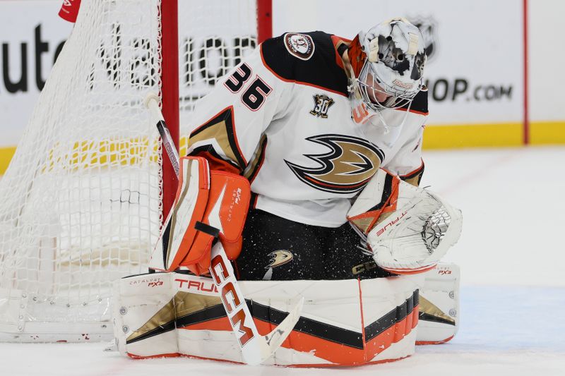 Jan 15, 2024; Sunrise, Florida, USA; Anaheim Ducks goaltender John Gibson (36) makes a save against the Florida Panthers during the second period at Amerant Bank Arena. Mandatory Credit: Sam Navarro-USA TODAY Sports