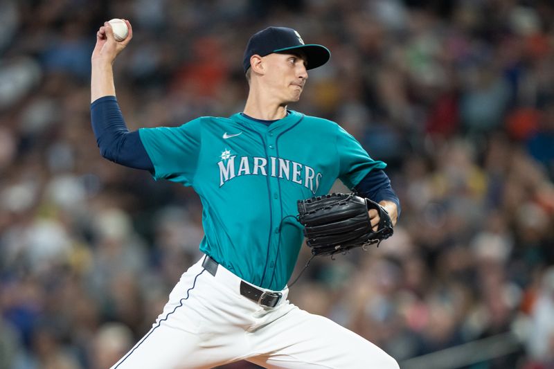 Aug 23, 2024; Seattle, Washington, USA; Seattle Mariners starter George Kirby (68) delivers a pitch during the second inning against the San Francisco Giants at T-Mobile Park. Mandatory Credit: Stephen Brashear-USA TODAY Sports