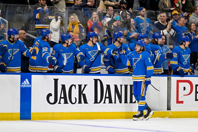 Dec 23, 2023; St. Louis, Missouri, USA;  St. Louis Blues center Robert Thomas (18) is congratulated by teammates after scoring against the Chicago Blackhawks during the first period at Enterprise Center. Mandatory Credit: Jeff Curry-USA TODAY Sports