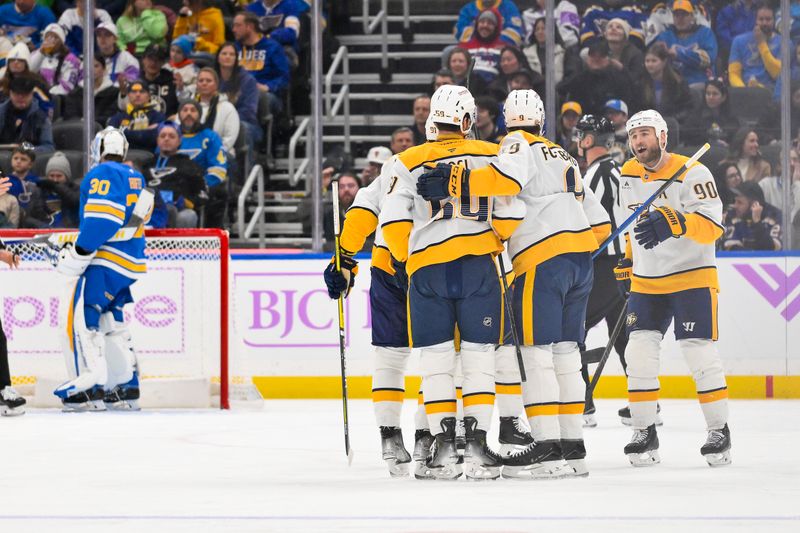 Dec 15, 2025; St. Louis, Missouri, USA; Nashville Predators left wing Filip Forsberg (9) is congratulated by teammates after scoring against the St. Louis Blues during the second period at Enterprise Center. Mandatory Credit: Jeff Curry-Imagn Images