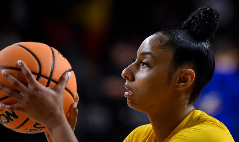 Mar 25, 2024; Los Angeles, CA, USA; USC Trojans guard JuJu Watkins during pregame warmups before playing the Kansas Jayhawks at an NCAA Women’s Tournament 2nd round game at Galen Center. Mandatory Credit: Robert Hanashiro-USA TODAY Sports