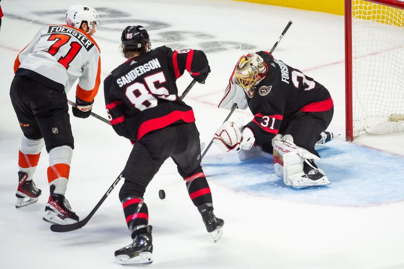 Oct 14, 2023; Ottawa, Ontario, CAN; Ottawa Senators goalier Anton Forsberg (31) makes a save in front of Philadelphia Flyers right wing Tyson Foerster (71) in the third period at the Canadian Tire Centre. Mandatory Credit: Marc DesRosiers-USA TODAY Sports