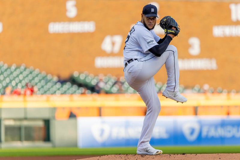 Sep 13, 2023; Detroit, Michigan, USA; Detroit Tigers starting pitcher Eduardo Rodriguez (57) throws in the first inning against the Cincinnati Reds at Comerica Park. Mandatory Credit: David Reginek-USA TODAY Sports