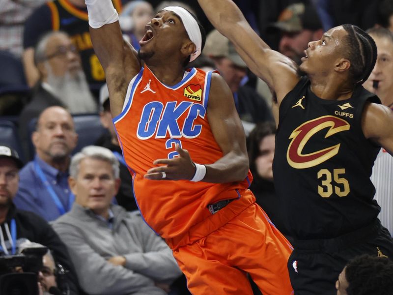 OKLAHOMA CITY, OK - JANUARY 16: Shai Gilgeous-Alexander #2 of the Oklahoma City Thunder drives to the basket during the game against the Cleveland Cavaliers on January 16, 2025 at Paycom Center in Oklahoma City, Oklahoma. NOTE TO USER: User expressly acknowledges and agrees that, by downloading and or using this photograph, User is consenting to the terms and conditions of the Getty Images License Agreement. Mandatory Copyright Notice: Copyright 2025 NBAE (Photo by Mercedes Oliver/NBAE via Getty Images)