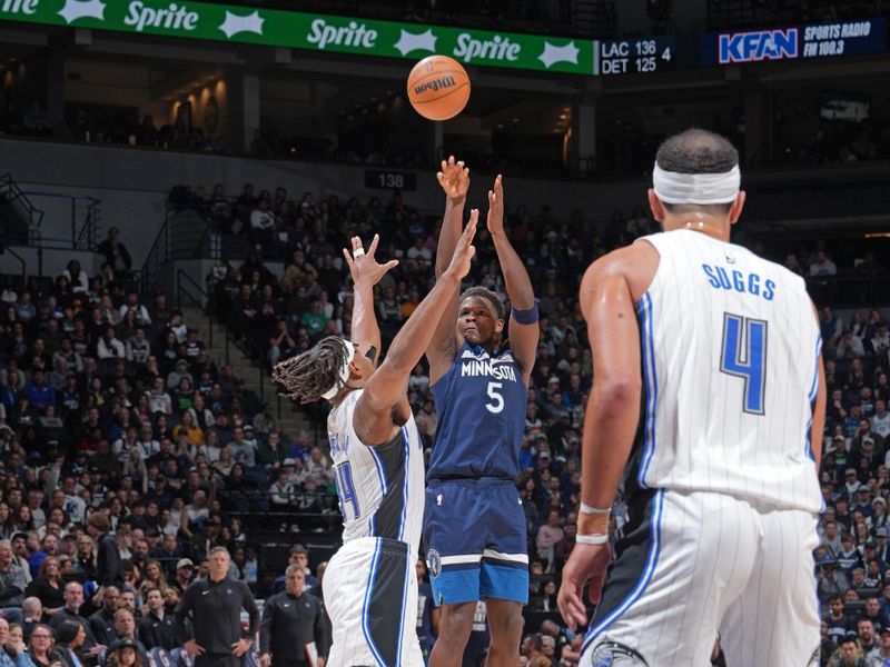 MINNEAPOLIS, MN -  FEBRUARY 2: Anthony Edwards #5 of the Minnesota Timberwolves shoots the ball during the game against the Orlando Magic on February 2, 2024 at Target Center in Minneapolis, Minnesota. NOTE TO USER: User expressly acknowledges and agrees that, by downloading and or using this Photograph, user is consenting to the terms and conditions of the Getty Images License Agreement. Mandatory Copyright Notice: Copyright 2024 NBAE (Photo by Jordan Johnson/NBAE via Getty Images)