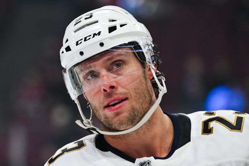 Mar 15, 2025; Montreal, Quebec, CAN; Florida Panthers center Carter Verhaeghe (23) looks on in warm-up before the game against the Montreal Canadiens at Bell Centre. Mandatory Credit: David Kirouac-Imagn Images