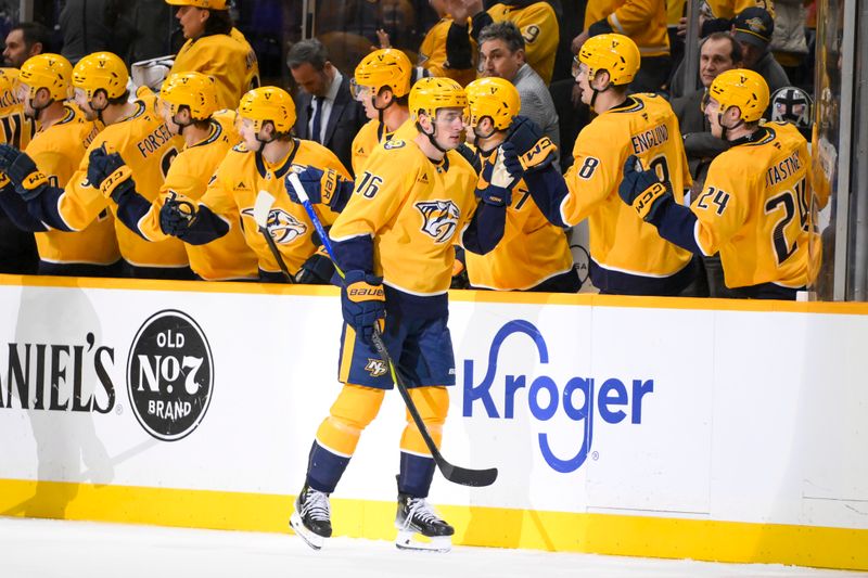 Mar 6, 2025; Nashville, Tennessee, USA;  Nashville Predators defenseman Brady Skjei (76) celebrates his goal with his teammates  against the Seattle Kraken during the second period at Bridgestone Arena. Mandatory Credit: Steve Roberts-Imagn Images
