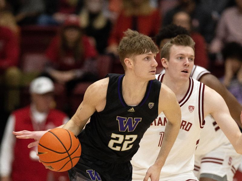 Feb 26, 2023; Stanford, California, USA; Washington Huskies guard Cole Bajema (22) dribbles around Stanford Cardinal guard Michael Jones (13) during the first half at Maples Pavilion. Mandatory Credit: D. Ross Cameron-USA TODAY Sports