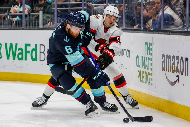 Jan 4, 2024; Seattle, Washington, USA; Seattle Kraken defenseman Adam Larsson (6) takes control of the puck against Ottawa Senators center Josh Norris (9) during the third period at Climate Pledge Arena. Mandatory Credit: Joe Nicholson-USA TODAY Sports