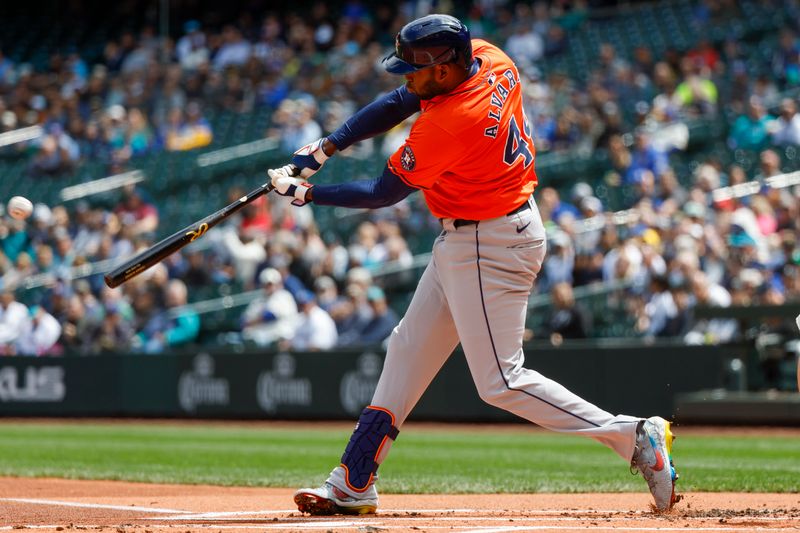 May 30, 2024; Seattle, Washington, USA; Houston Astros left fielder Yordan Alvarez (44) hits a double against the Seattle Mariners during the first inning at T-Mobile Park. Mandatory Credit: Joe Nicholson-USA TODAY Sports