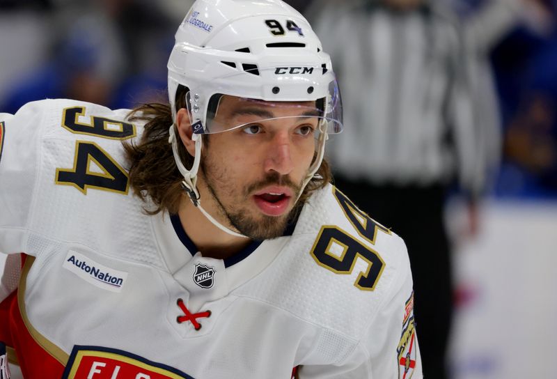 Feb 15, 2024; Buffalo, New York, USA;  Florida Panthers left wing Ryan Lomberg (94) waits for the face-off during the first period against the Buffalo Sabres at KeyBank Center. Mandatory Credit: Timothy T. Ludwig-USA TODAY Sports