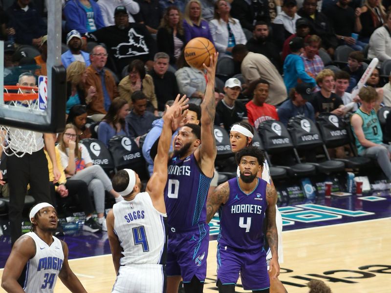 CHARLOTTE, NC - MARCH 5: Miles Bridges #0 of the Charlotte Hornets shoots the ball during the game against the Orlando Magic on March 5, 2024 at Spectrum Center in Charlotte, North Carolina. NOTE TO USER: User expressly acknowledges and agrees that, by downloading and or using this photograph, User is consenting to the terms and conditions of the Getty Images License Agreement. Mandatory Copyright Notice: Copyright 2024 NBAE (Photo by Kent Smith/NBAE via Getty Images)