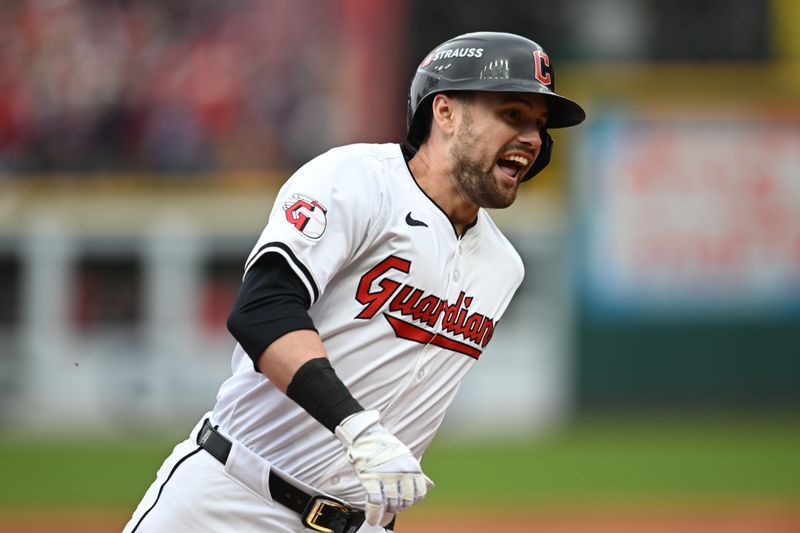 Oct 12, 2024; Cleveland, Ohio, USA; Cleveland Guardians outfielder Lane Thomas (8) runs the bases after hitting a grand slam in the fifth inning against the Detroit Tigers during game five of the ALDS for the 2024 MLB Playoffs at Progressive Field. Mandatory Credit: Ken Blaze-Imagn Images