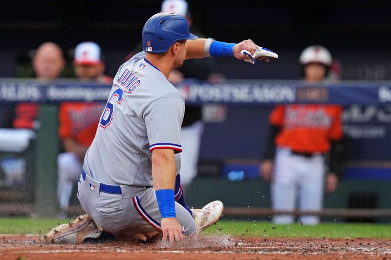 Oct 8, 2023; Baltimore, Maryland, USA; Texas Rangers third baseman Josh Jung (6) slides into home plate to score a run during the second inning against the Baltimore Orioles during game two of the ALDS for the 2023 MLB playoffs at Oriole Park at Camden Yards. Mandatory Credit: Mitch Stringer-USA TODAY Sports