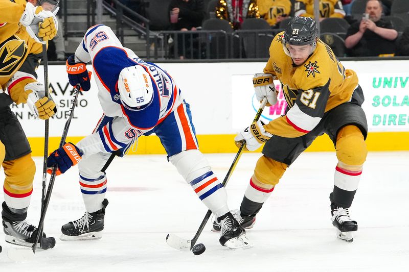 Feb 6, 2024; Las Vegas, Nevada, USA; Vegas Golden Knights center Brett Howden (21) steals the puck from Edmonton Oilers left wing Dylan Holloway (55) during the second period at T-Mobile Arena. Mandatory Credit: Stephen R. Sylvanie-USA TODAY Sports