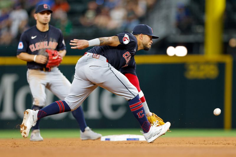 May 15, 2024; Arlington, Texas, USA; Cleveland Guardians third base Gabriel Arias (13) makes a play on a ground ball during the eighth inning against the Texas Rangers at Globe Life Field. Mandatory Credit: Andrew Dieb-USA TODAY Sports