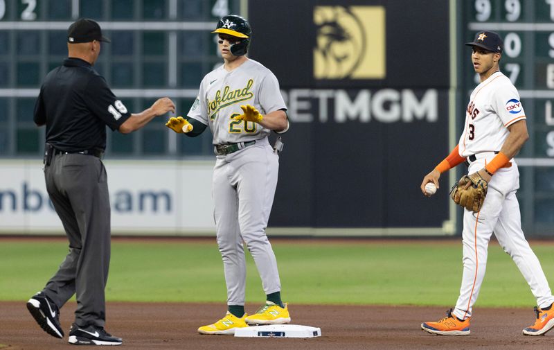 Sep 12, 2023; Houston, Texas, USA; Oakland Athletics second baseman Zack Gelof (20) ask for a time out after hitting a double against the Houston Astros in the first inning at Minute Maid Park. Mandatory Credit: Thomas Shea-USA TODAY Sports