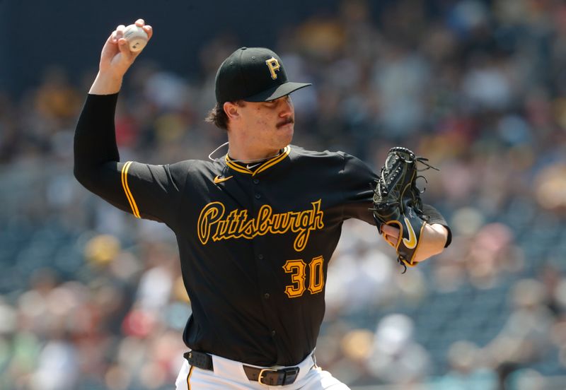 Aug 4, 2024; Pittsburgh, Pennsylvania, USA;  Pittsburgh Pirates starting pitcher Paul Skenes (30) delivers a pitch against the Arizona Diamondbacks during the first inning at PNC Park. Mandatory Credit: Charles LeClaire-USA TODAY Sports