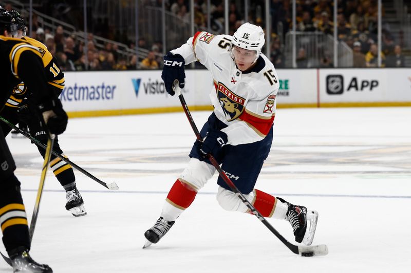 Mar 11, 2025; Boston, Massachusetts, USA; Florida Panthers center Anton Lundell (15) lets a shot go against the Boston Bruins during the second period at TD Garden. Mandatory Credit: Winslow Townson-Imagn Images