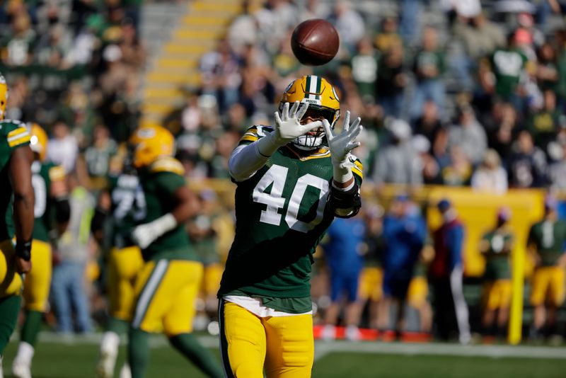 Green Bay Packers linebacker Tipa Galeai before an NFL football game Sunday, Oct. 2, 2022, in Green Bay, Wis. (AP Photo/Mike Roemer)