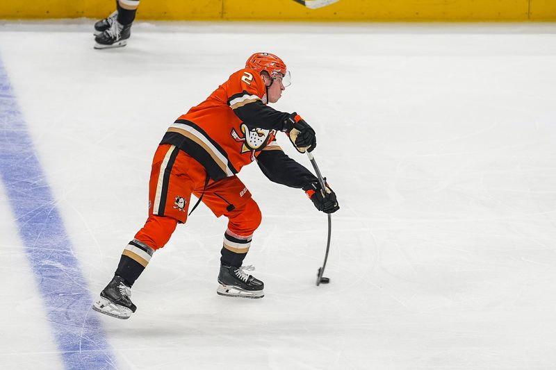 Nov 2, 2025; Anaheim, California, USA; Anaheim Ducks defenseman Jackson Lacombe (2) shoots the puck during the third period at Honda Center. Mandatory Credit: Corinne Votaw-Imagn Images