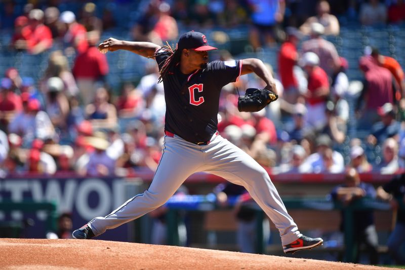 Apr 6, 2025; Anaheim, California, USA; Cleveland Guardians pitcher Luis L. Ortiz (45) throws against the Los Angeles Angels during the first inning at Angel Stadium. Mandatory Credit: Gary A. Vasquez-Imagn Images