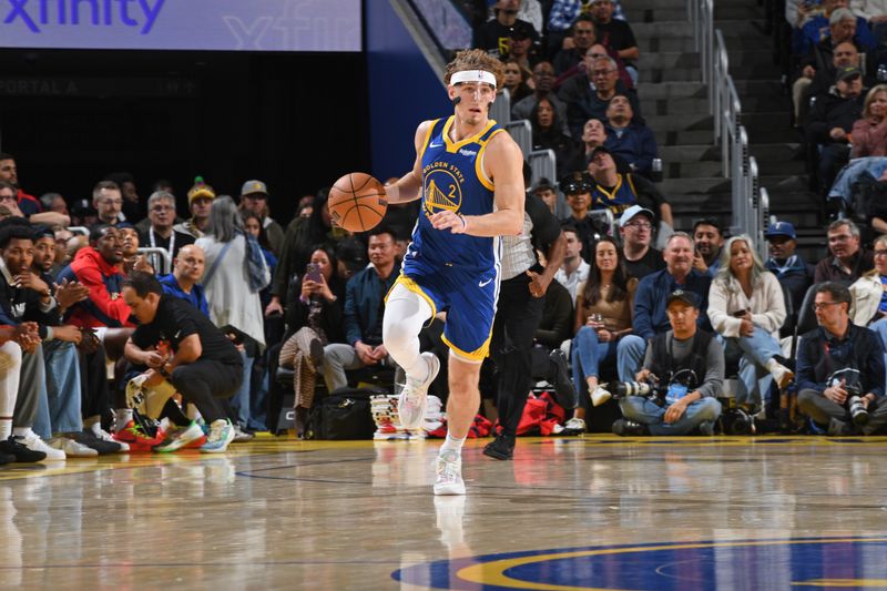 SAN FRANCISCO, CA - OCTOBER 30: Brandin Podziemski #2 of the Golden State Warriors dribbles the ball during the game against the New Orleans Pelicans on October 30, 2024 at Chase Center in San Francisco, California. NOTE TO USER: User expressly acknowledges and agrees that, by downloading and or using this photograph, user is consenting to the terms and conditions of Getty Images License Agreement. Mandatory Copyright Notice: Copyright 2024 NBAE (Photo by Noah Graham/NBAE via Getty Images)