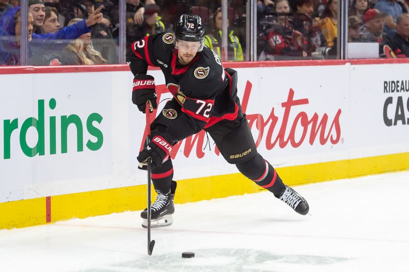 Jan 29, 2024; Ottawa, Ontario, CAN; Ottawa Senators defenseman Thomas Chabot (72) skates with the puck in the second period against the Nashville Predators at the Canadian Tire Centre. Mandatory Credit: Marc DesRosiers-USA TODAY Sports