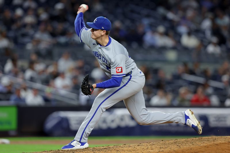 Sep 9, 2024; Bronx, New York, USA; Kansas City Royals relief pitcher James McArthur (66) pitches against the New York Yankees during the seventh inning at Yankee Stadium. Mandatory Credit: Brad Penner-Imagn Images